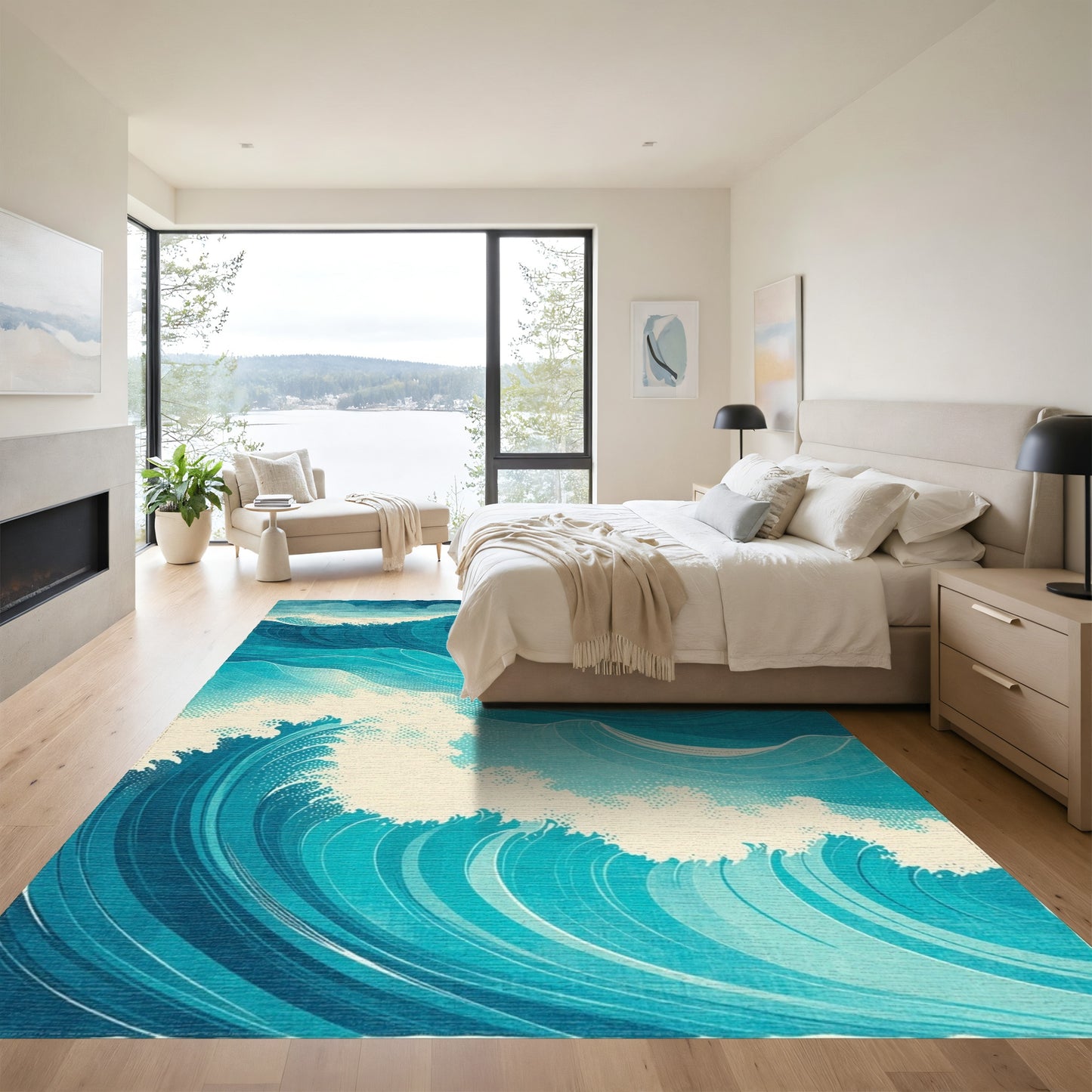 Teal Navy Swirling Waves Rug