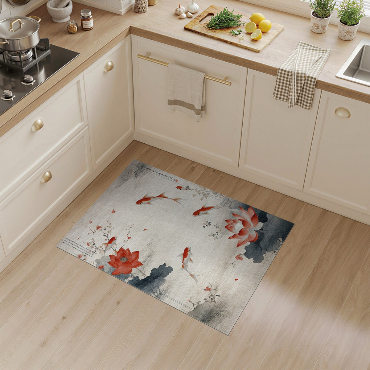 Red Koi Lotus Floral Vintage Area Rug