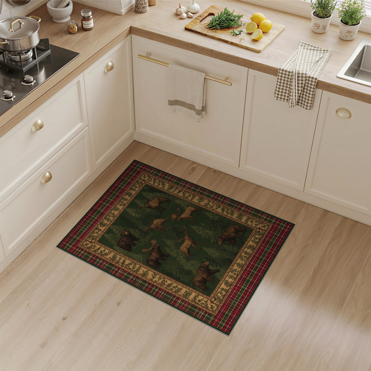 Rustic Bear Moose Forest Plaid Area Rug