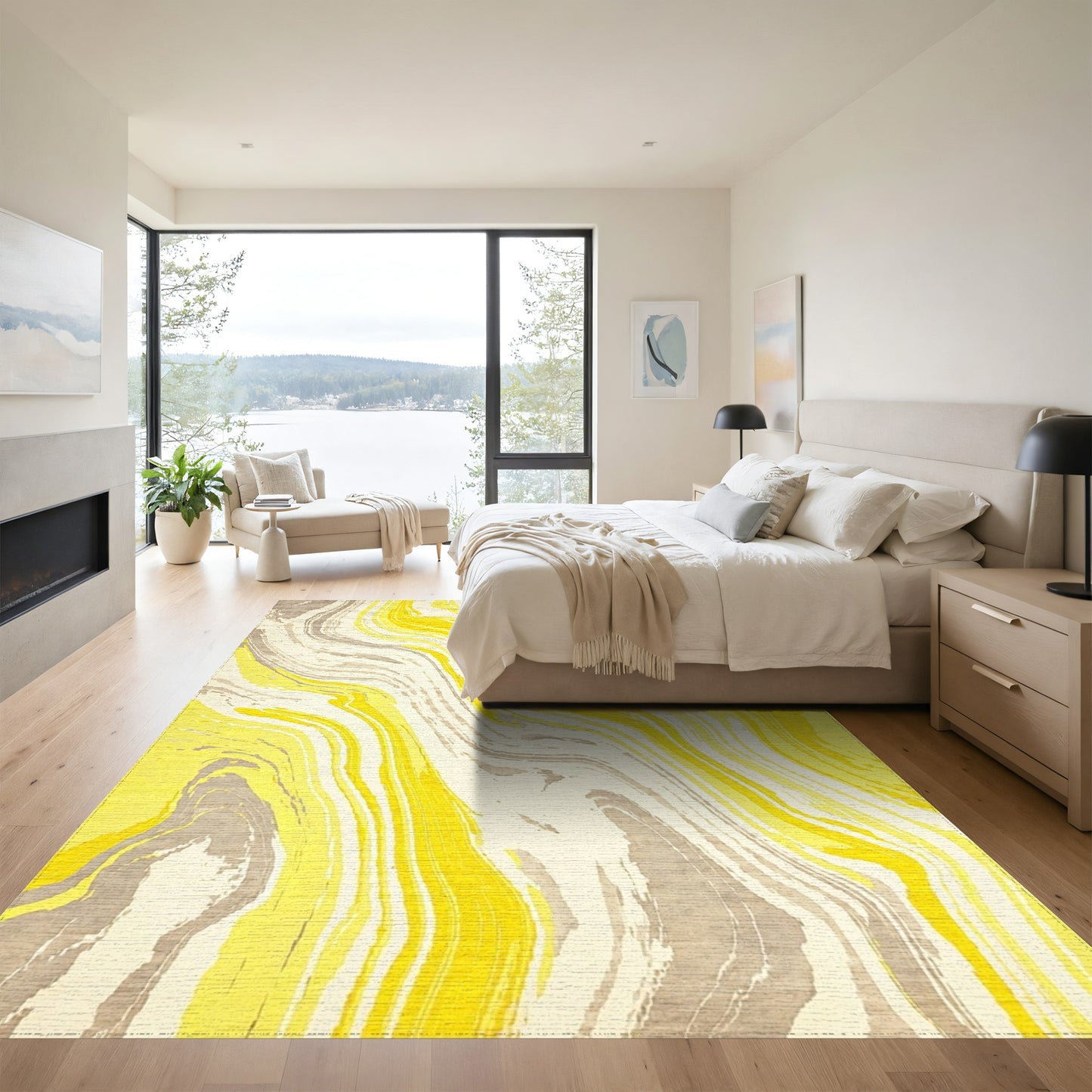 Mustard Yellow Gray Wave Rug