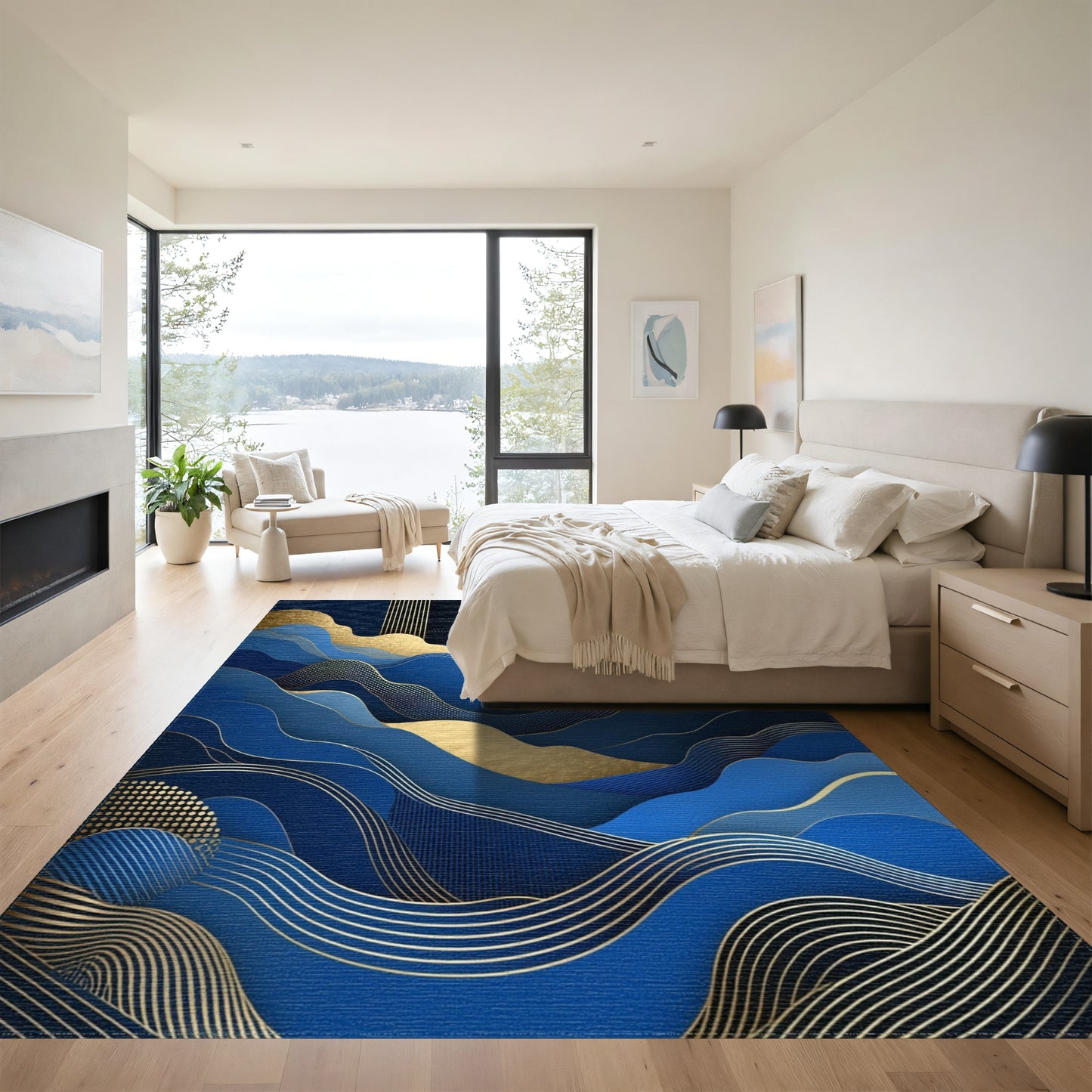 Abstract Blue Gold Wavy Mountains Rug