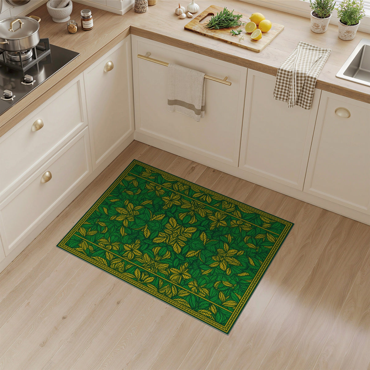 Green Floral Leaf Medallion Area Rug