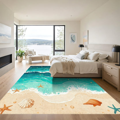 Teal Starry Waves Seashell Starfish Rug