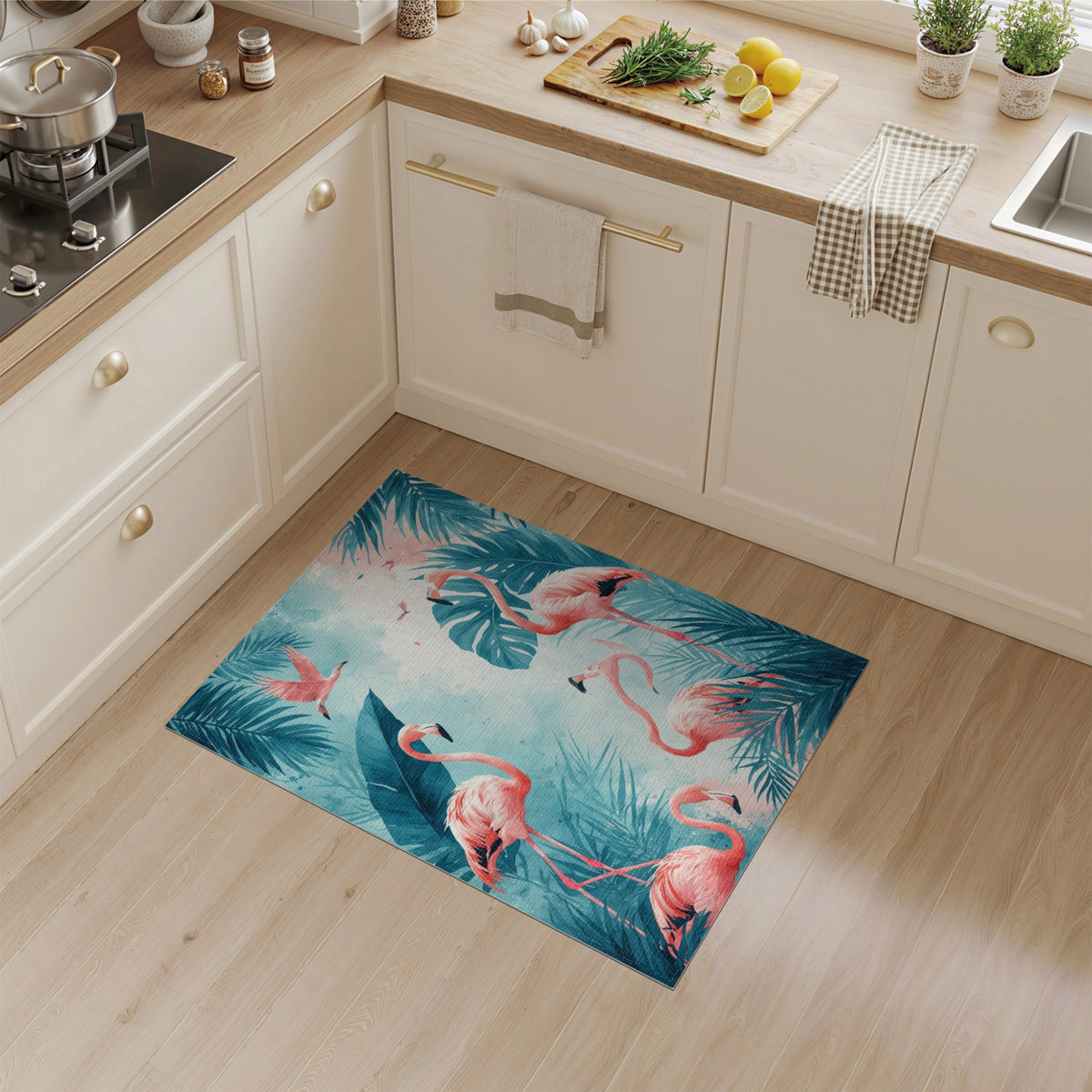 Pink Flamingo Teal Coastal Washable Area Rug