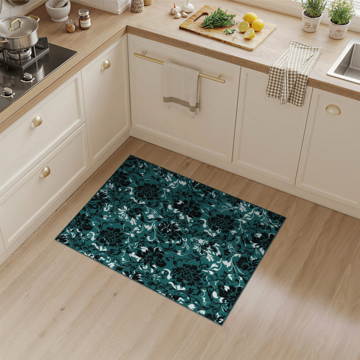 Teal Black Floral Vintage Area Rug