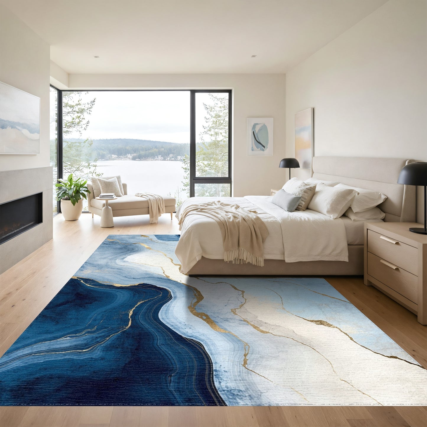 Navy Blue Gold Veined Marble Rug