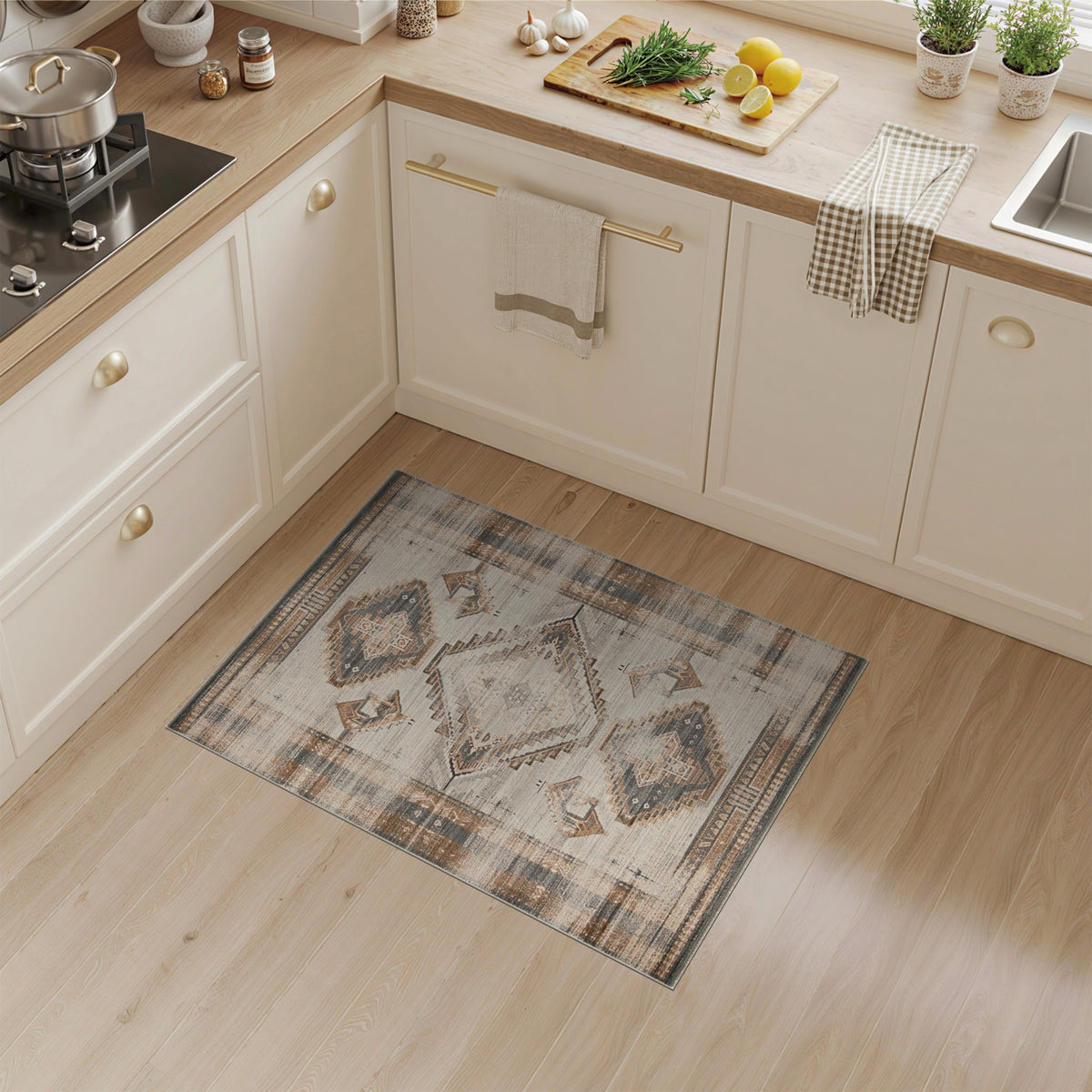 Brown and Tan Distressed Brown Geometric Area Rug