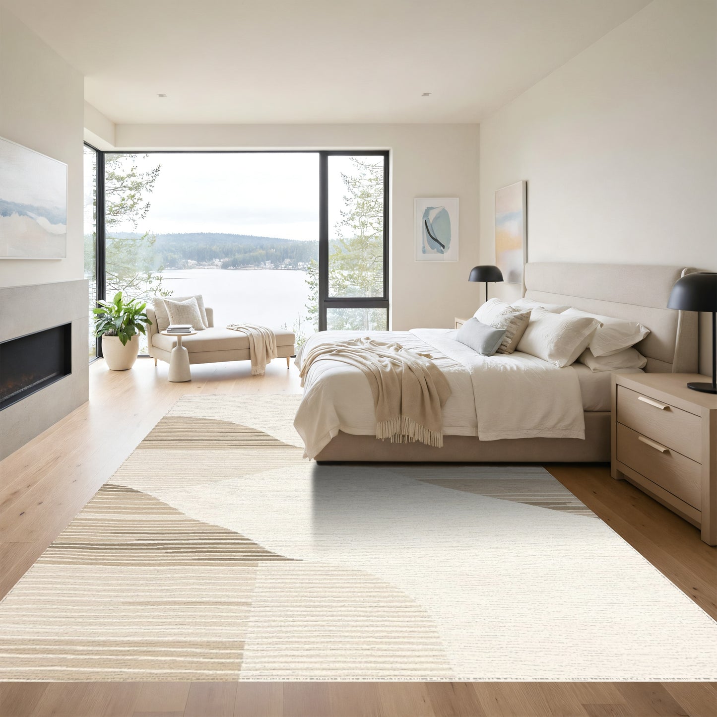 Abstract Beige Curved Stripes Rug
