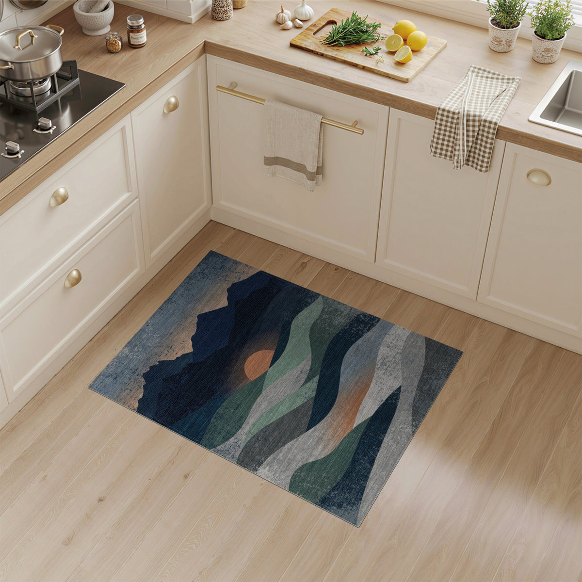 Distressed Blue Teal Mountain Sunset Area Rug