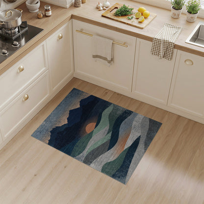 Distressed Blue Teal Mountain Sunset Area Rug