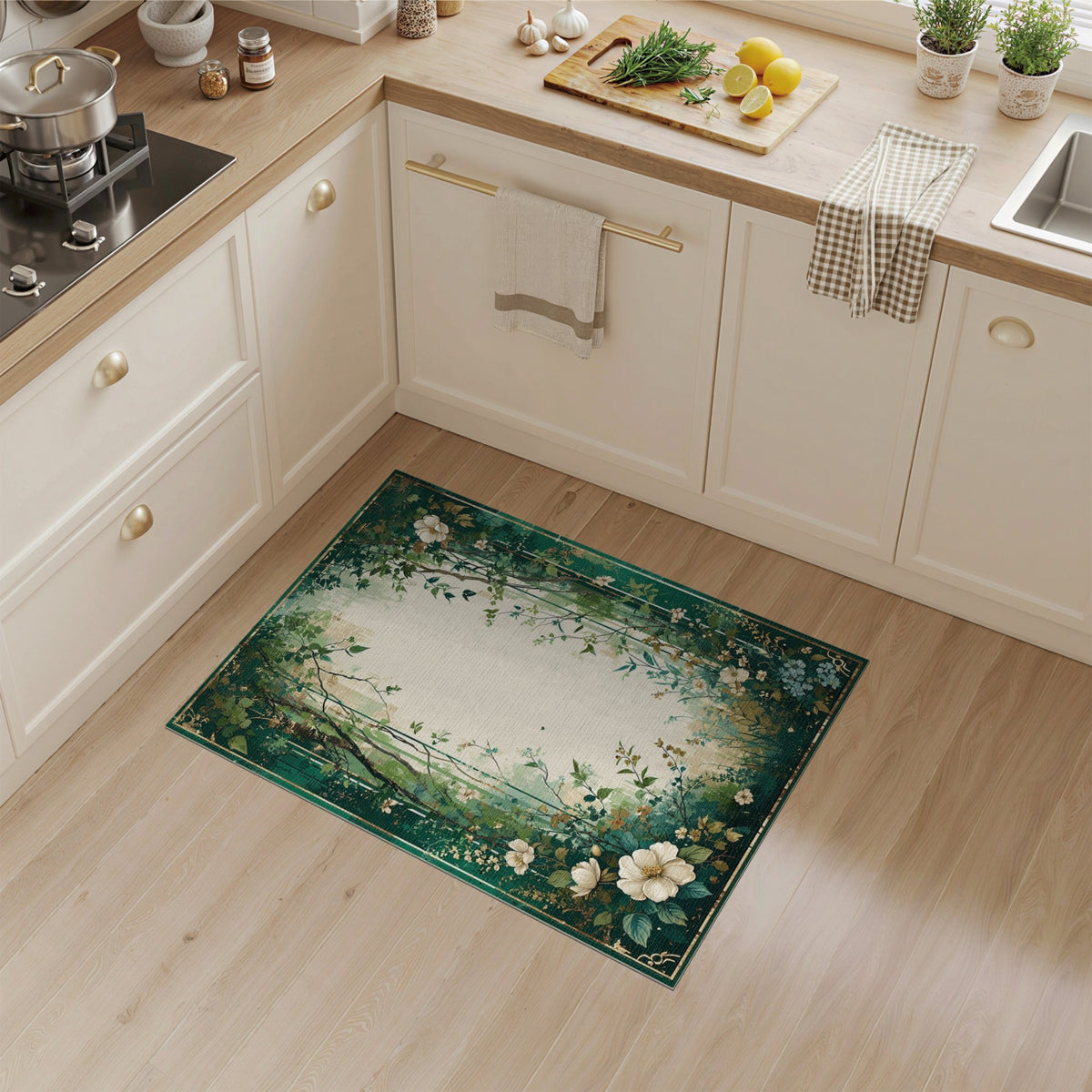 Green Floral Vintage Washable Floral Vintage Area Rug