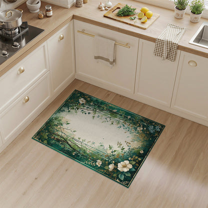 Green Floral Vintage Washable Floral Vintage Area Rug