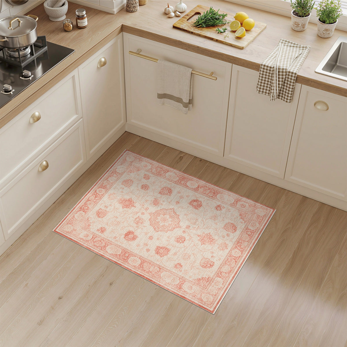 Beige Red Floral Medallion Area Rug