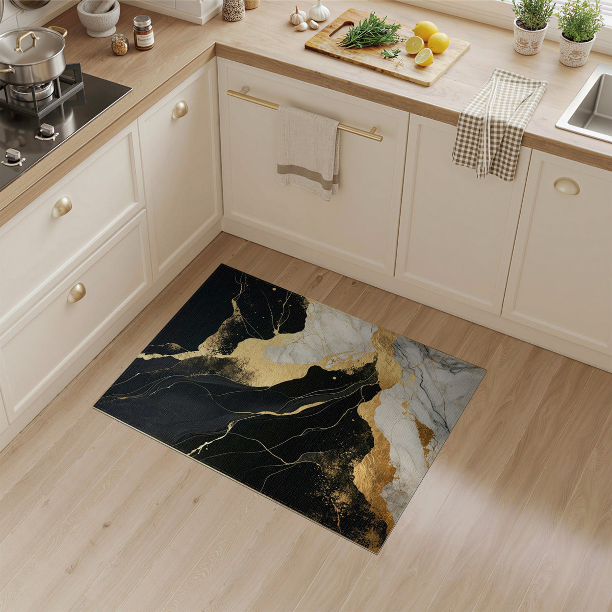 Black and White Black Gold Abstract Marble Area Rug