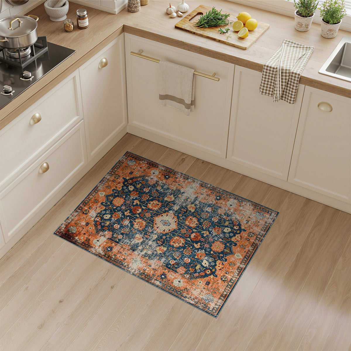 Distressed Orange Floral Vintage Area Rug
