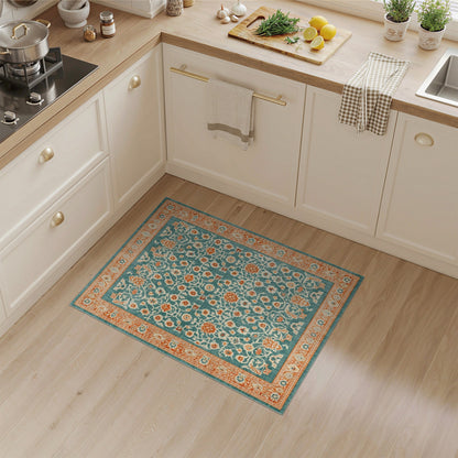 Teal Floral Vintage Area Rug with Orange Accents