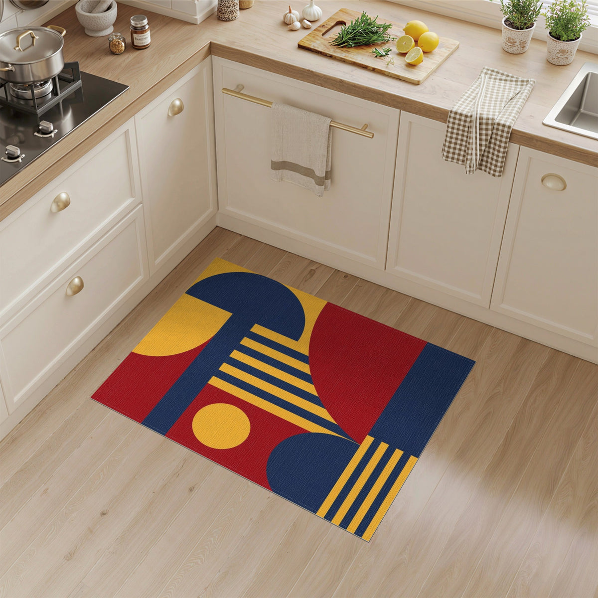 Bold Geometric Red Blue Yellow Area Rug