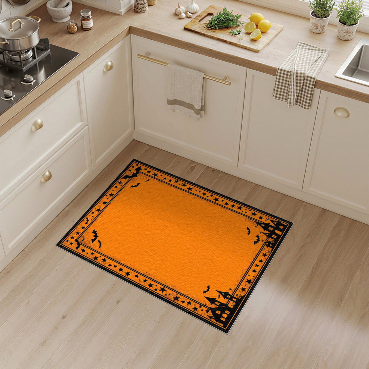 Orange Halloween Area Rug with Bats and Haunted Houses