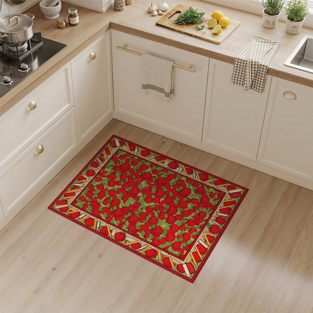 Red Apple Kids Area Rug with Pencil Border