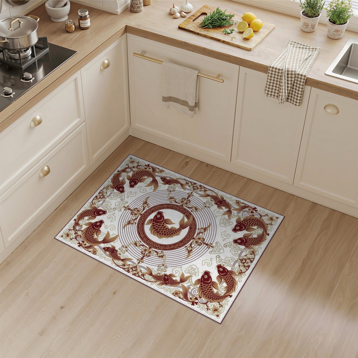 Koi Fish Medallion Brown Area Rug