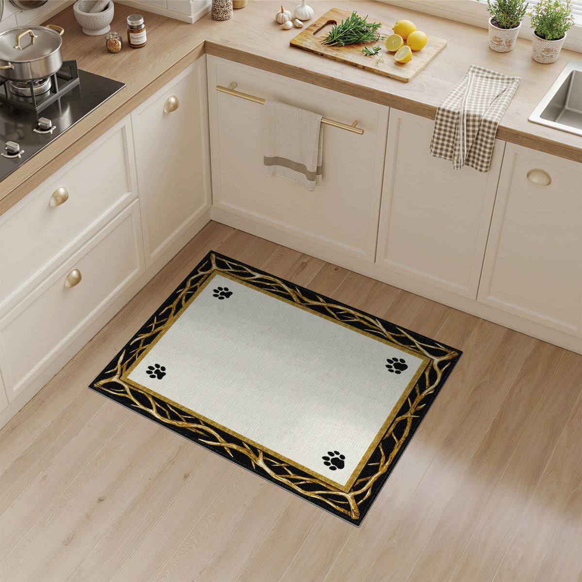 Black Paw Print Gold Branch Area Rug