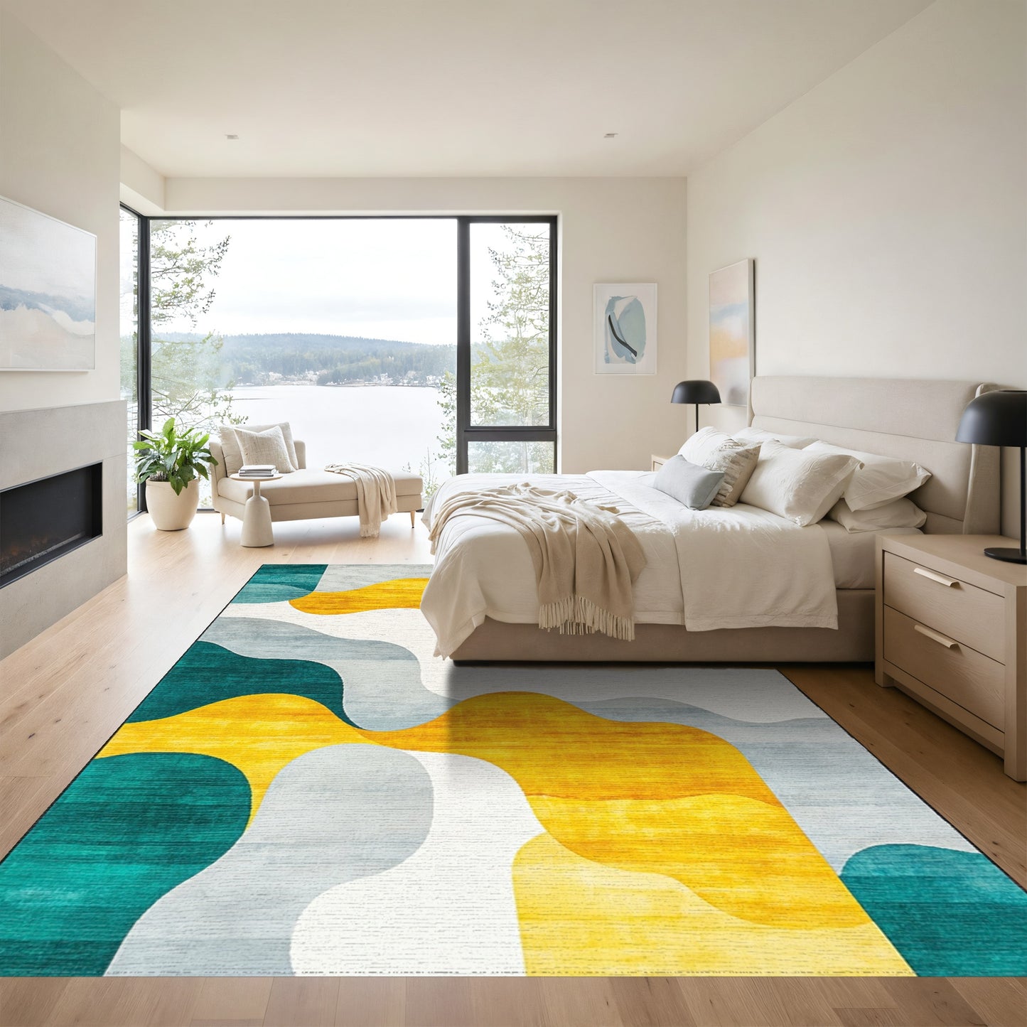 Teal Yellow Gray Wavy Organic Rug