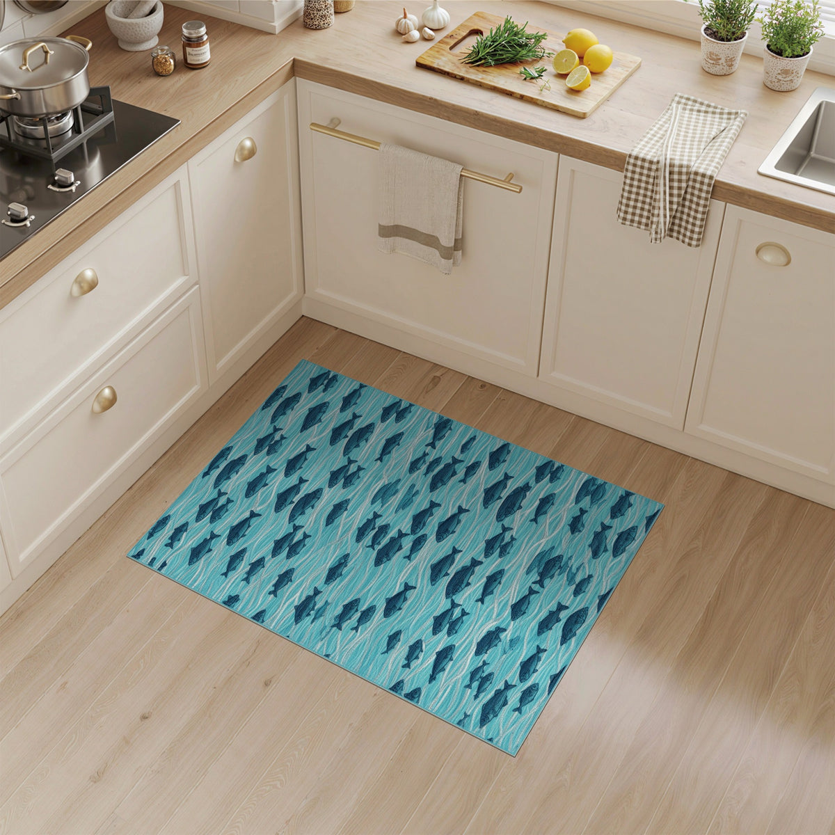 Blue Teal Fish Wave Coastal Area Rug