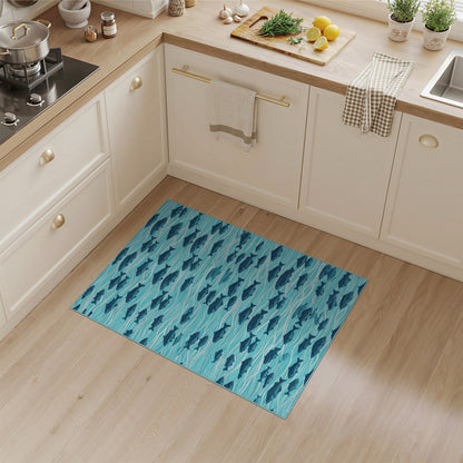 Blue Teal Fish Wave Coastal Area Rug