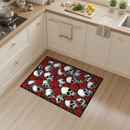 Skull and Red Rose Black Area Rug