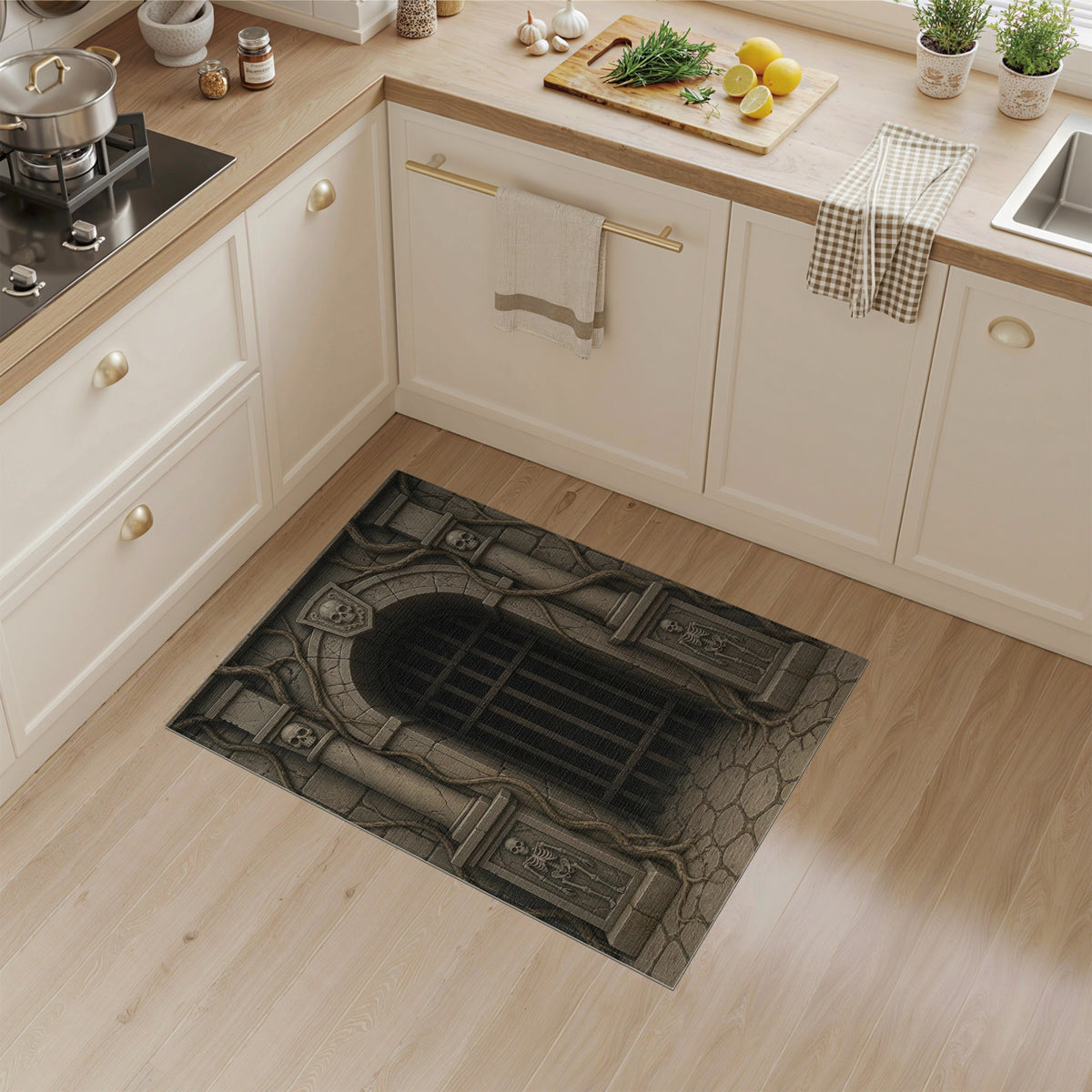 Gothic Dungeon Skull Arch Grey Area Rug