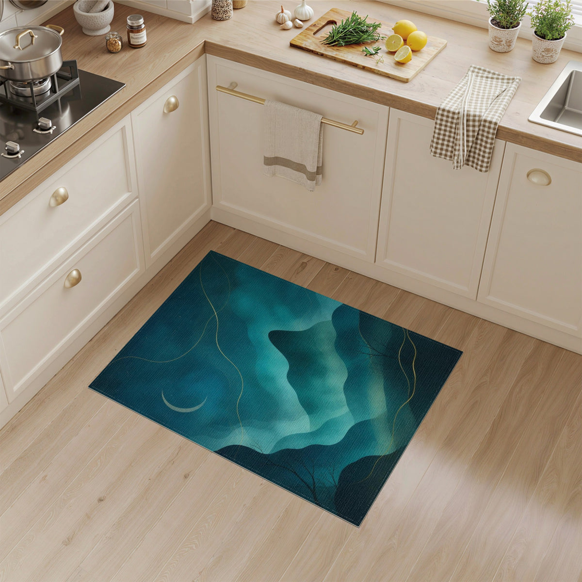 Midnight Teal Mountain Moon Area Rug