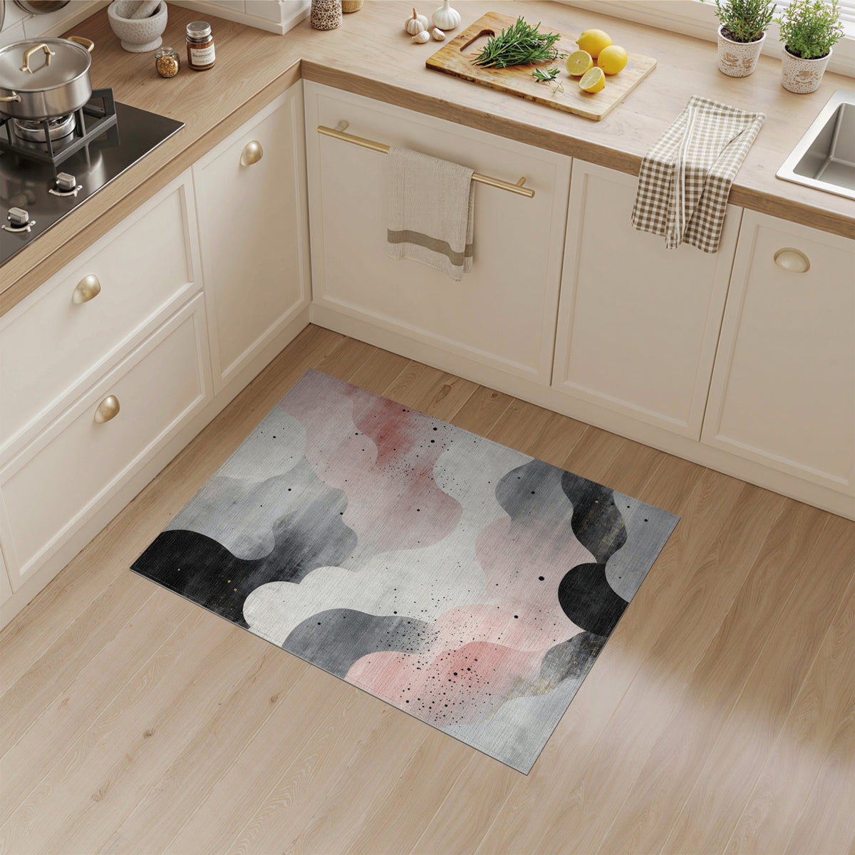Abstract Wave Pink Black Area Rug
