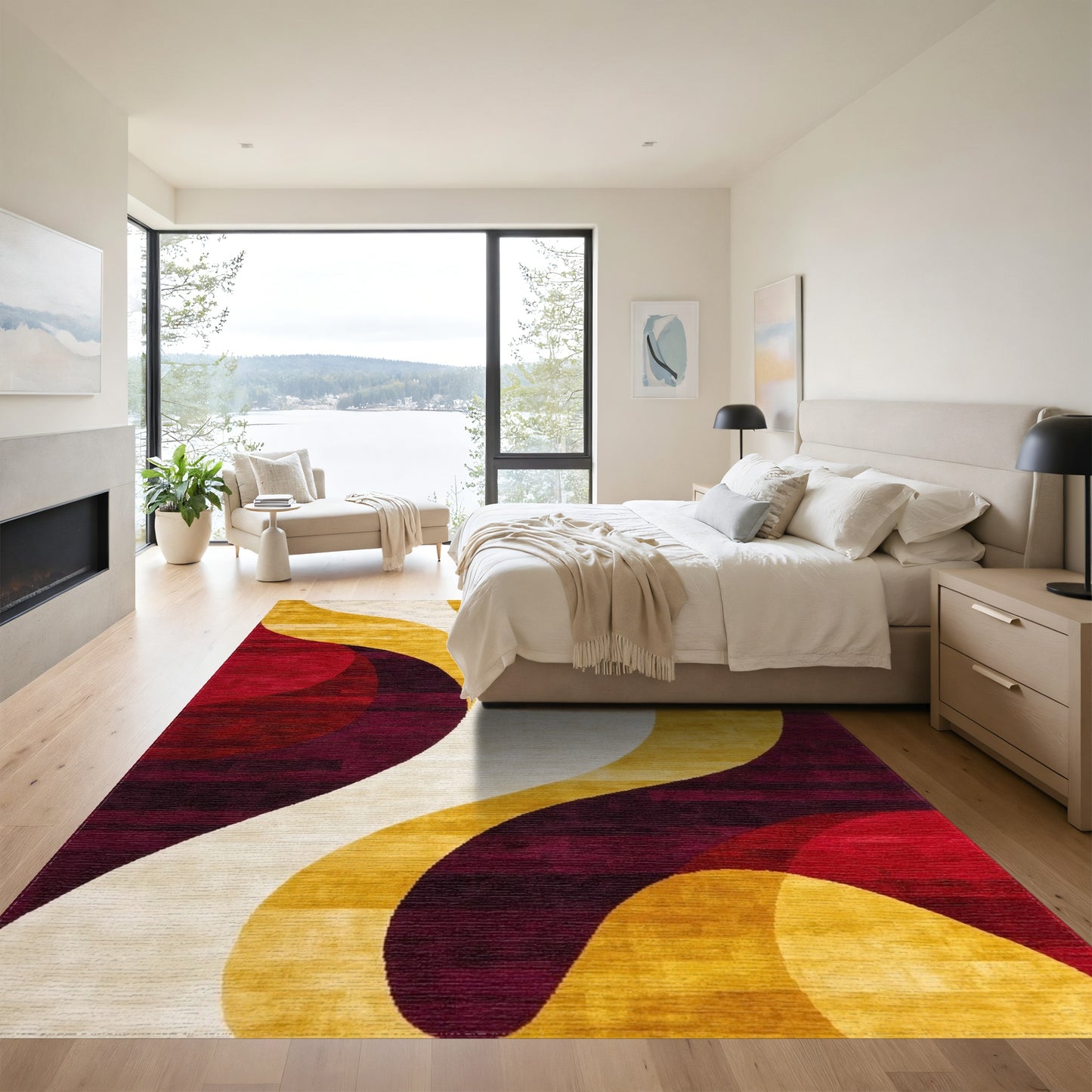 Abstract Gold Waves Red Circles Rug