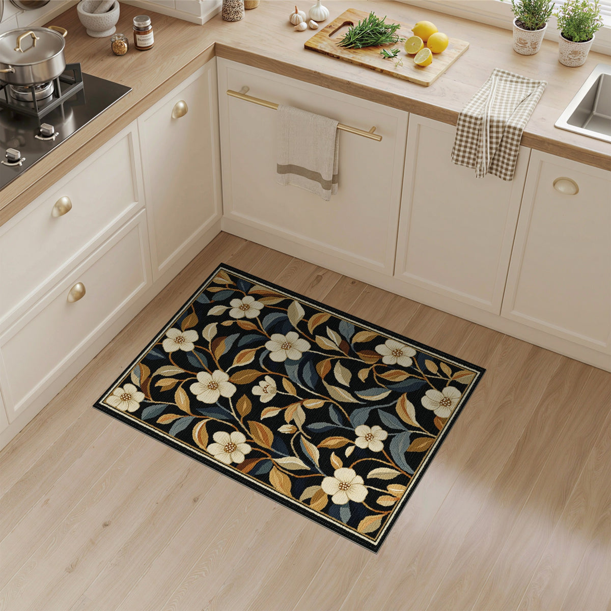 Vintage Floral Black Area Rug with Cream Blooms
