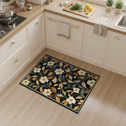 Vintage Floral Black Area Rug with Cream Blooms