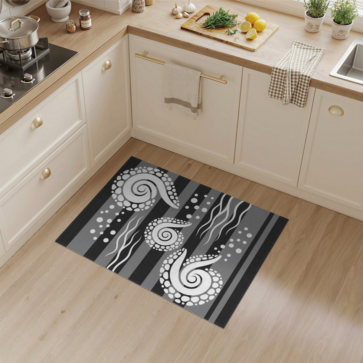Black White Spiral Wave Area Rug