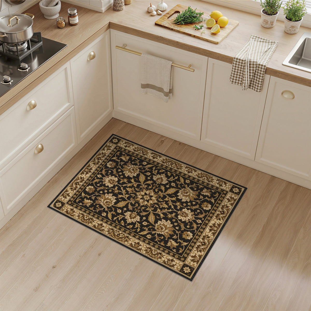 Beige and Neutral Black Floral Vintage Area Rug