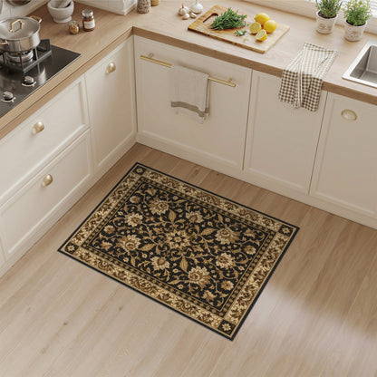 Beige and Neutral Black Floral Vintage Area Rug