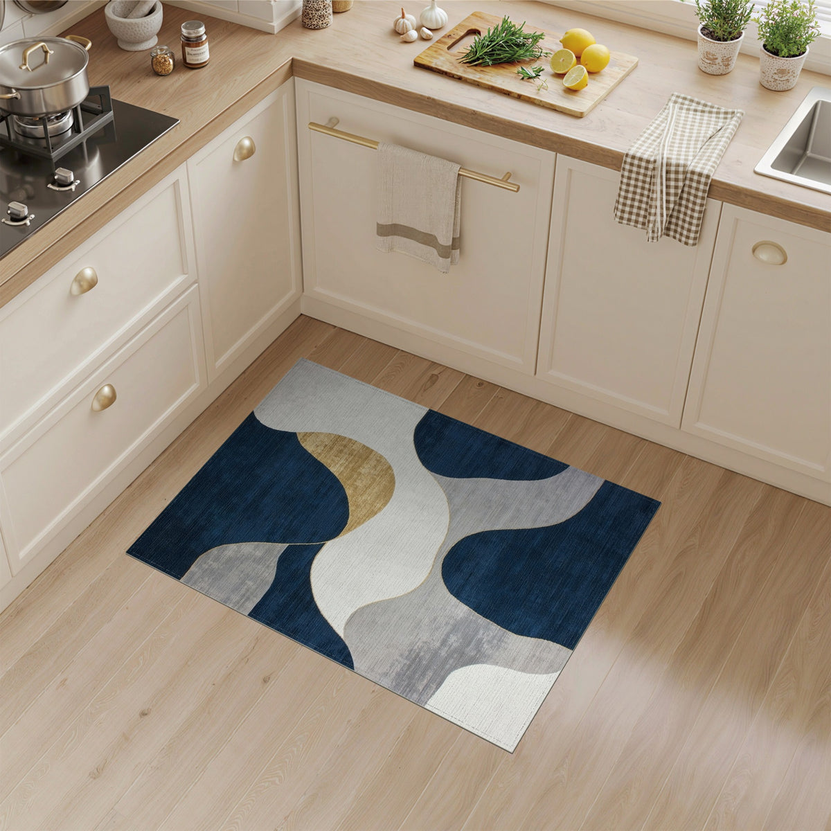 Navy Gold Abstract Wave Area Rug