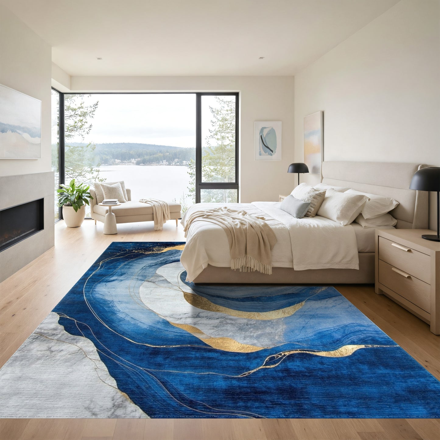 Navy Gold Swirl Marble Rug