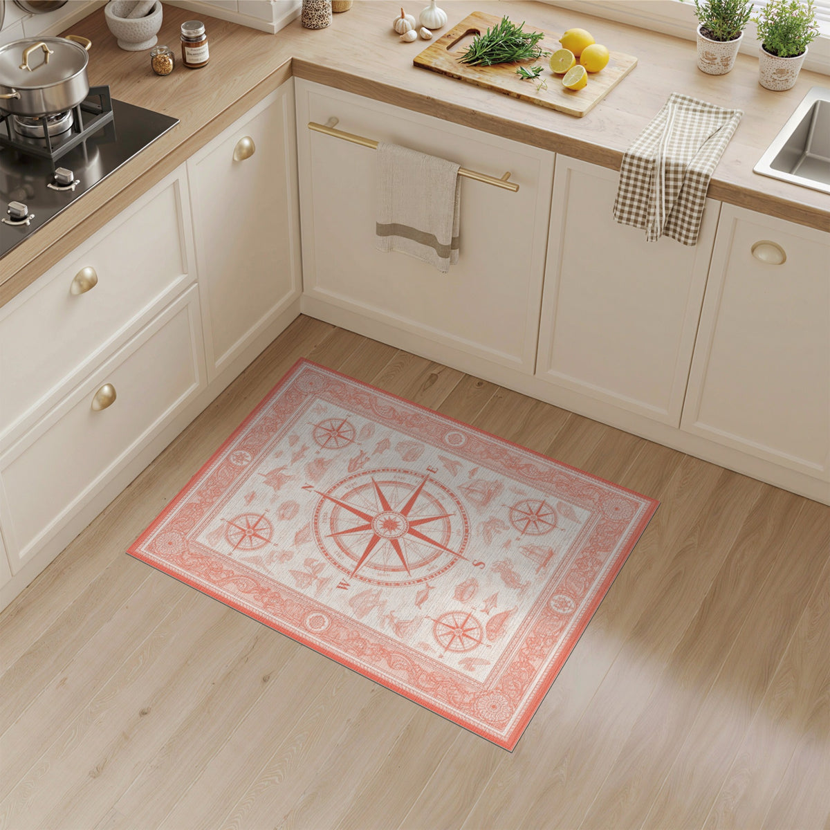 Red Vintage Compass Nautical Area Rug