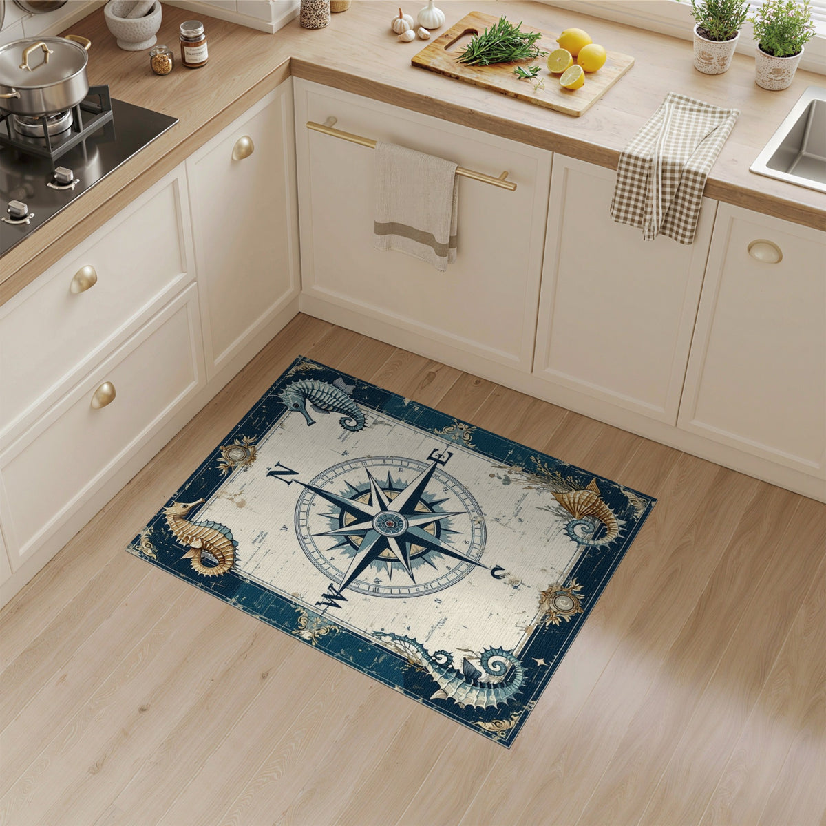 Vintage Compass Seahorse Blue Area Rug