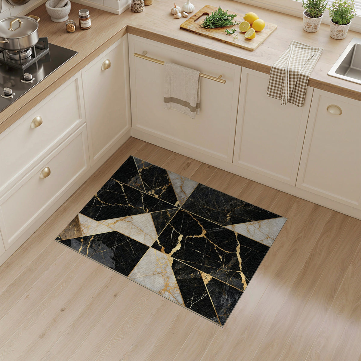 Black Gold Geometric Marble Area Rug