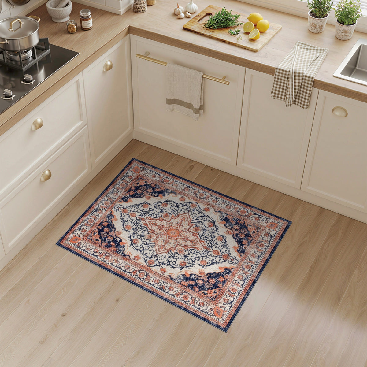 Navy Blue Orange Persian Medallion Rug
