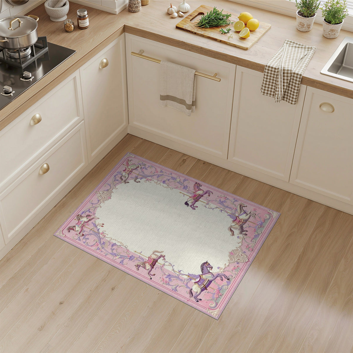Pink Carousel Horse Floral Area Rug