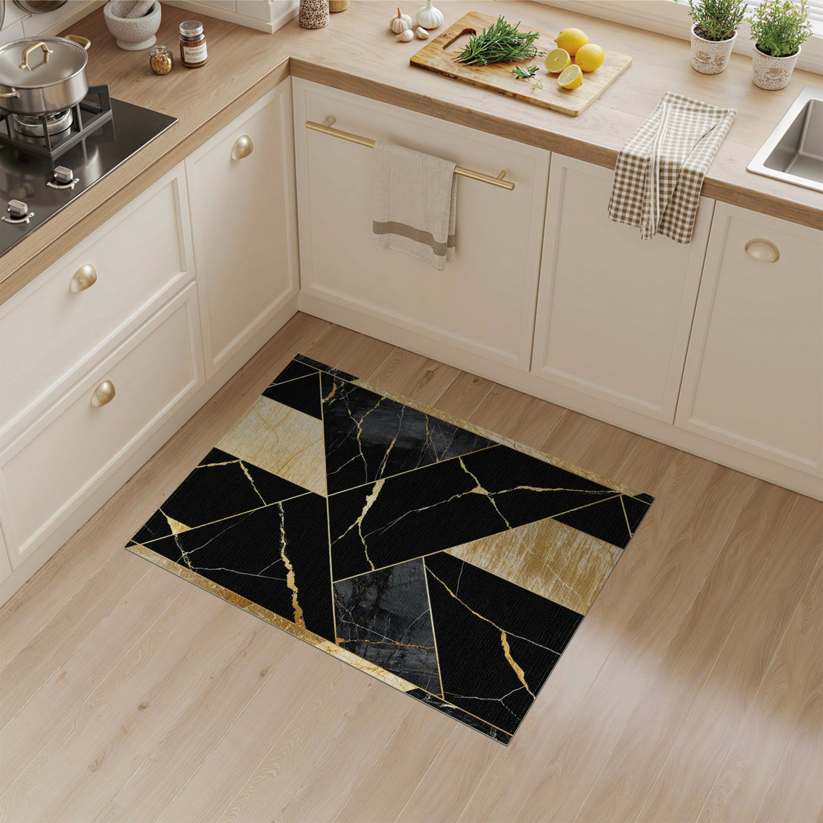 Black and White Black Gold Geometric Marble Area Rug