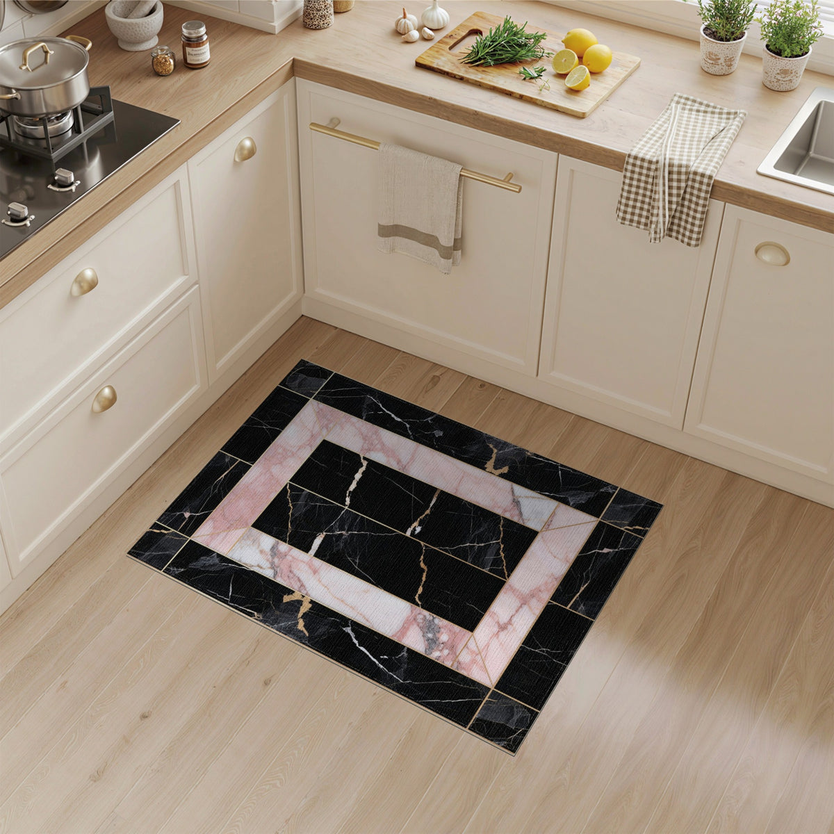 Pink Marble Geometric Frame Area Rug