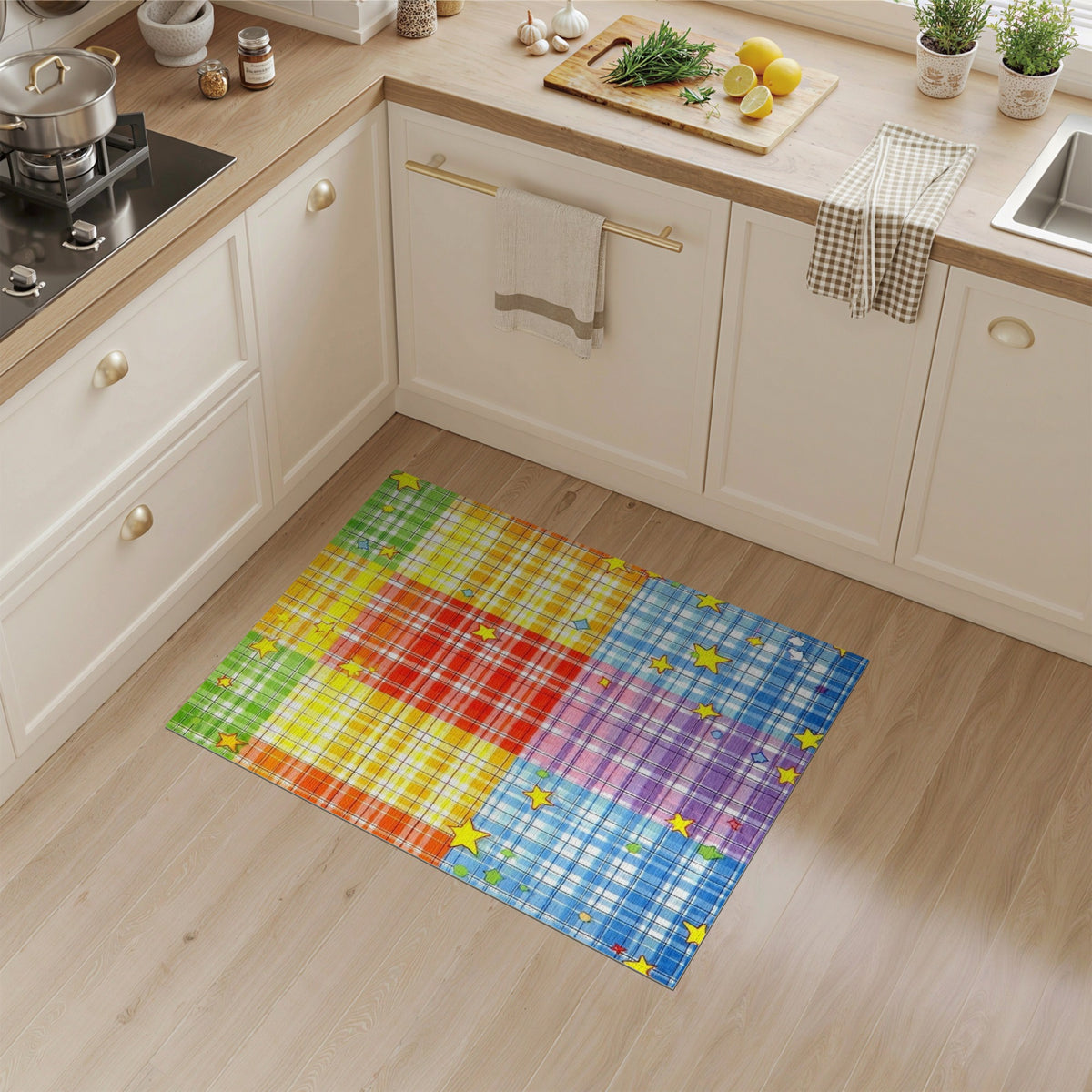 Rainbow Plaid Star Kids Area Rug