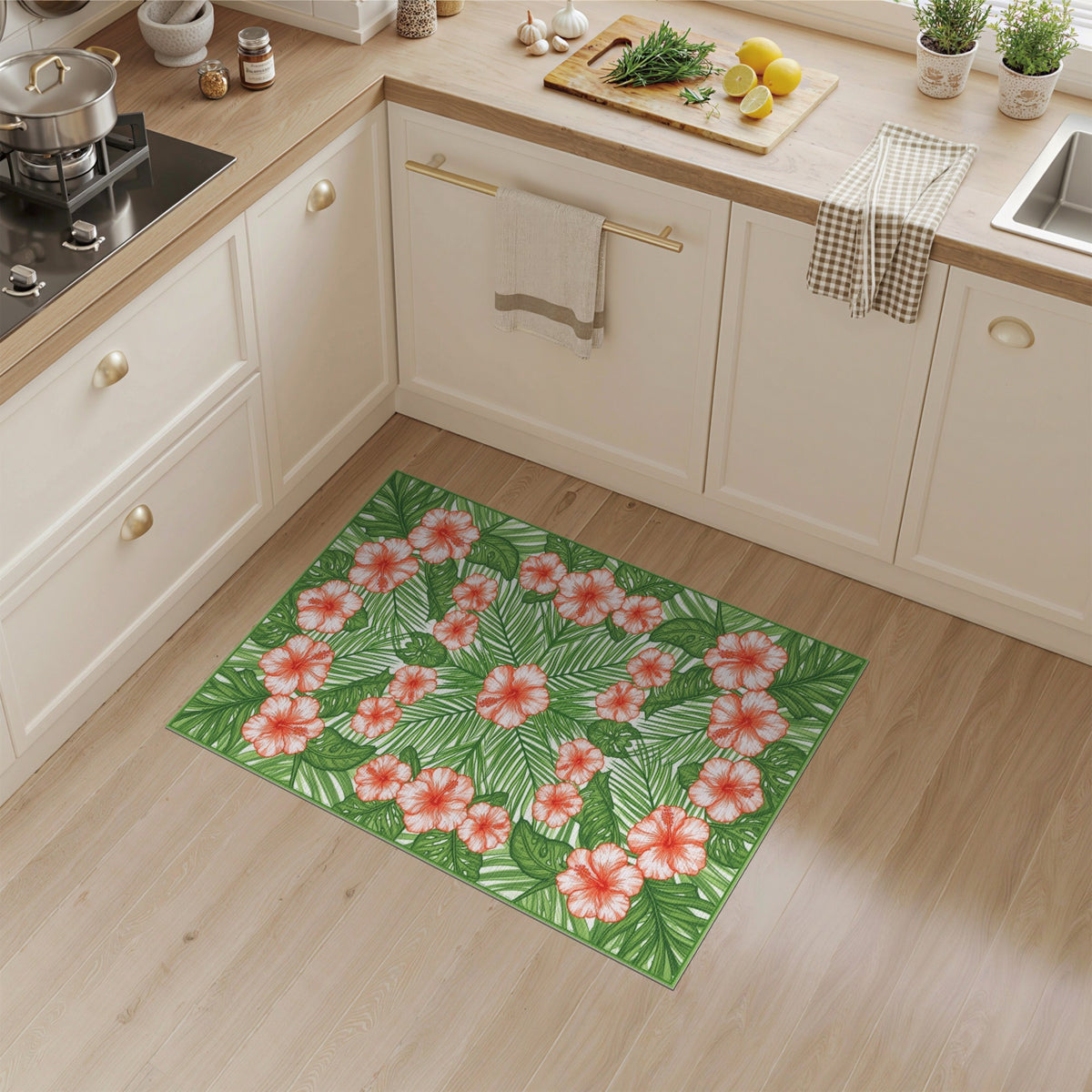 Multi-color and Patterns Red Hibiscus Floral Area Rug