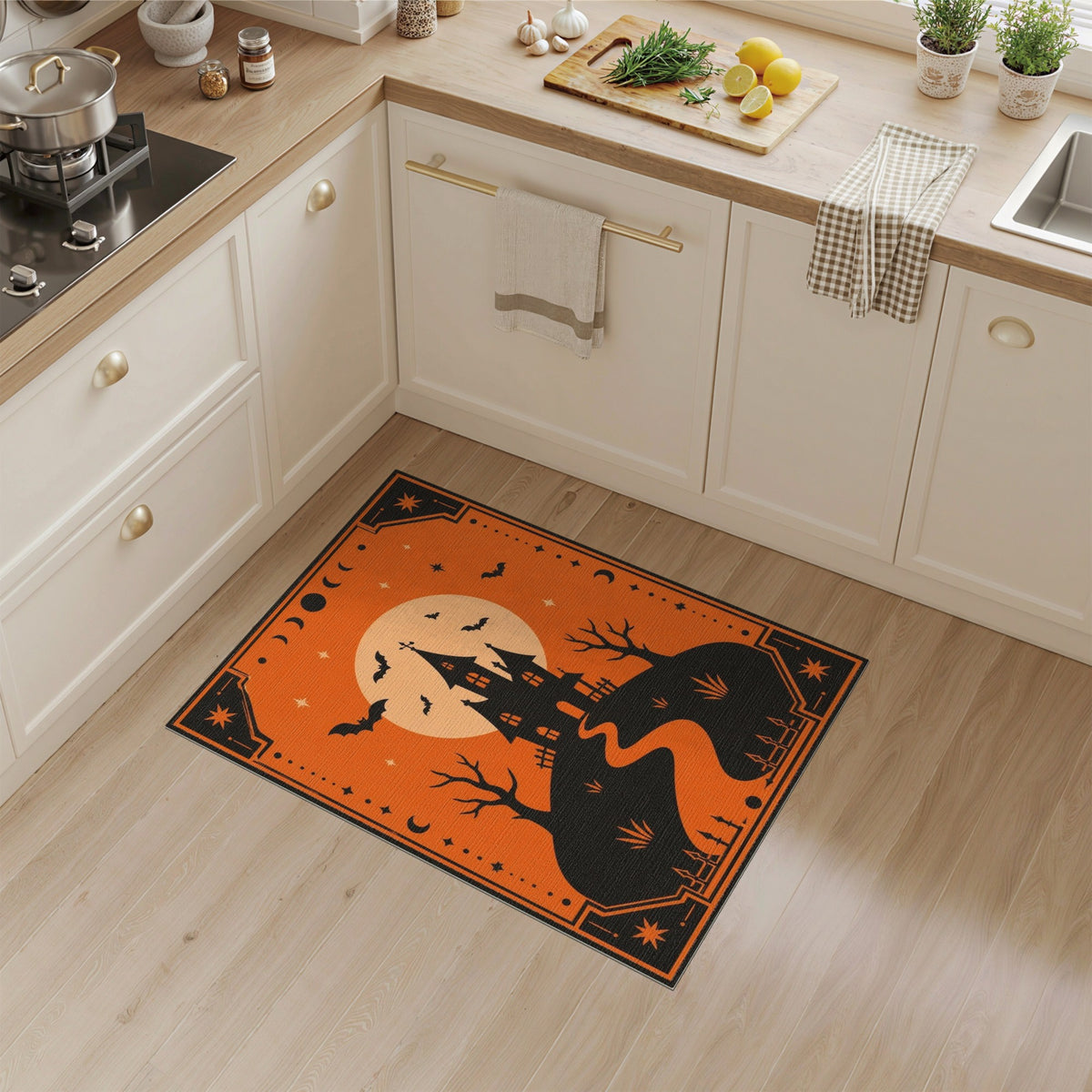 Spooky Haunted House Orange Halloween Area Rug